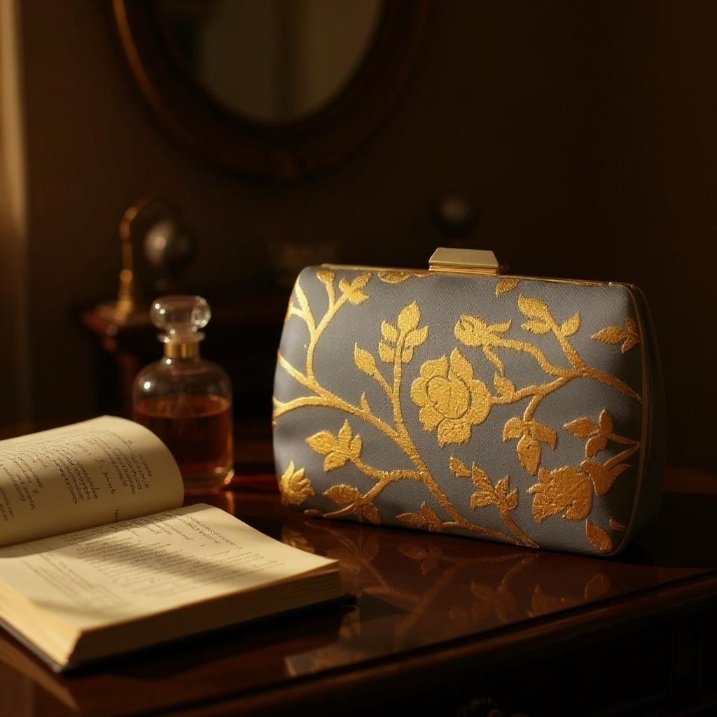 Indian Ethnic Designer Gray Clutch with Golden Floral Design Clutch La Vie Bien Indian Ethnic Designer Gray Clutch with Golden Floral Design