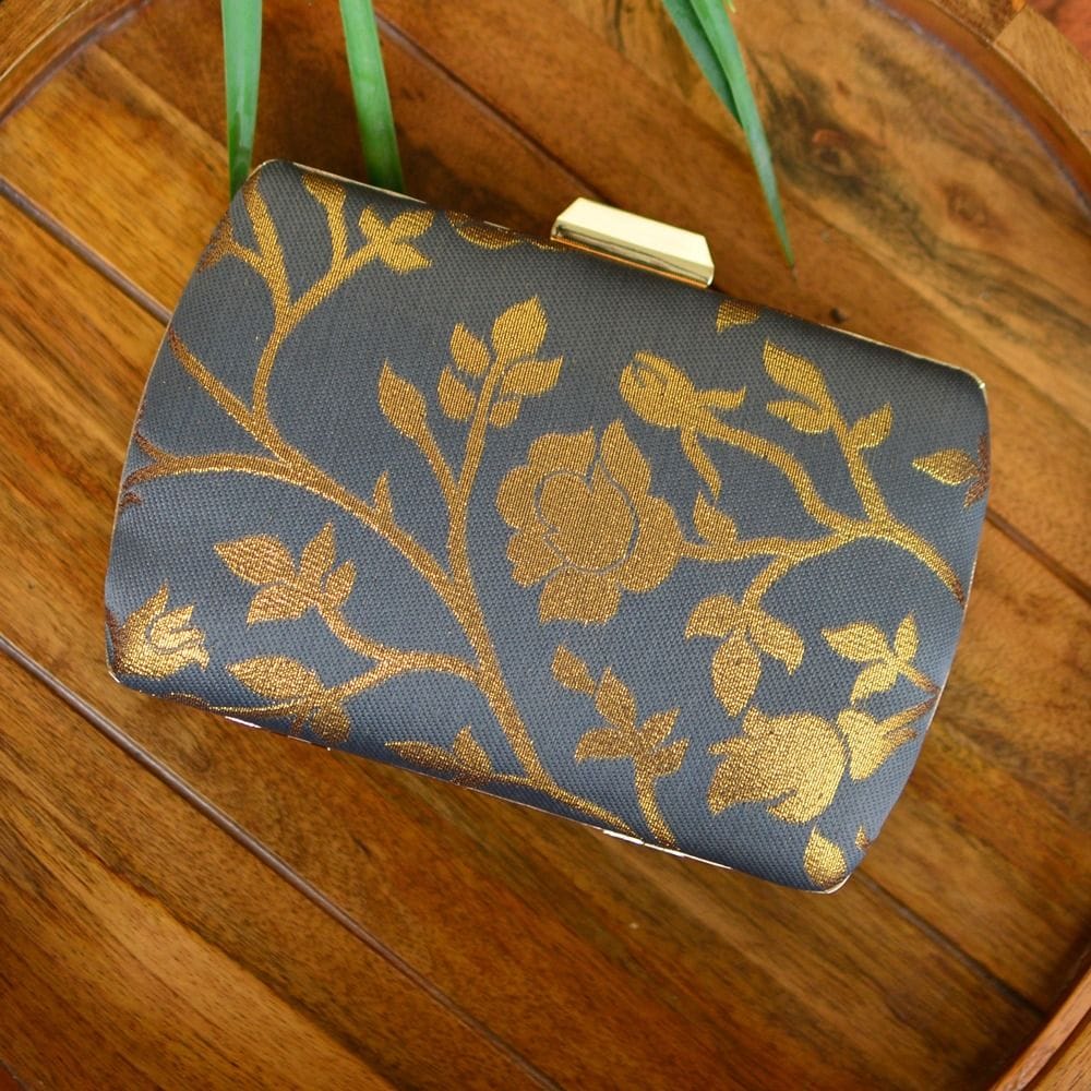 Indian Ethnic Designer Gray Clutch with Golden Floral Design Clutch La Vie Bien Indian Ethnic Designer Gray Clutch with Golden Floral Design