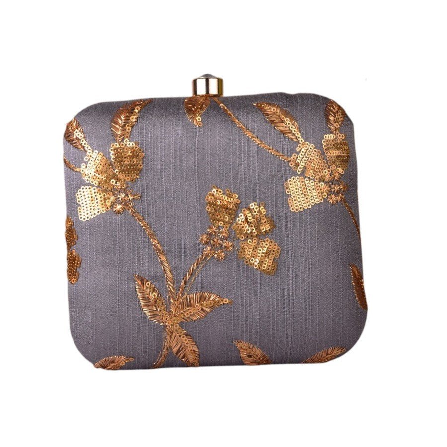 Indian Ethnic Designer Gray Clutch with Golden Flower Design Clutch La Vie Bien Indian Ethnic Designer Gray Clutch with Golden Flower Design