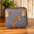 Indian Ethnic Designer Gray Clutch with Golden Flower Design Clutch La Vie Bien Indian Ethnic Designer Gray Clutch with Golden Flower Design