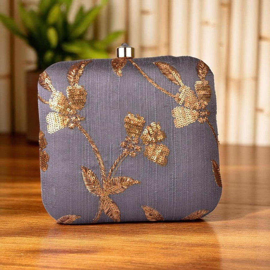 Indian Ethnic Designer Gray Clutch with Golden Flower Design Clutch La Vie Bien Indian Ethnic Designer Gray Clutch with Golden Flower Design