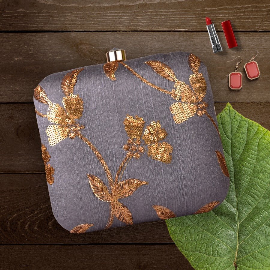 Indian Ethnic Designer Gray Clutch with Golden Flower Design Clutch La Vie Bien Indian Ethnic Designer Gray Clutch with Golden Flower Design