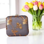 Indian Ethnic Designer Gray Clutch with Golden Flower Design Clutch La Vie Bien Indian Ethnic Designer Gray Clutch with Golden Flower Design