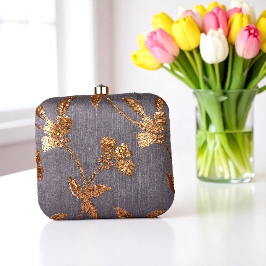 Indian Ethnic Designer Gray Clutch with Golden Flower Design Clutch La Vie Bien Indian Ethnic Designer Gray Clutch with Golden Flower Design
