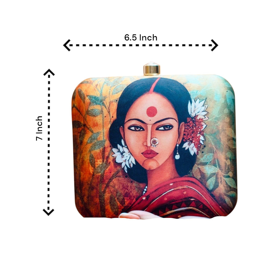 Indian Ethnic Designer Green Leafy Clutch with Portrait of Women Wearing Gajra & Bindi Clutch La Vie Bien Indian Ethnic Designer Green Leafy Clutch with Portrait of Women Wearing Gajra & Bindi