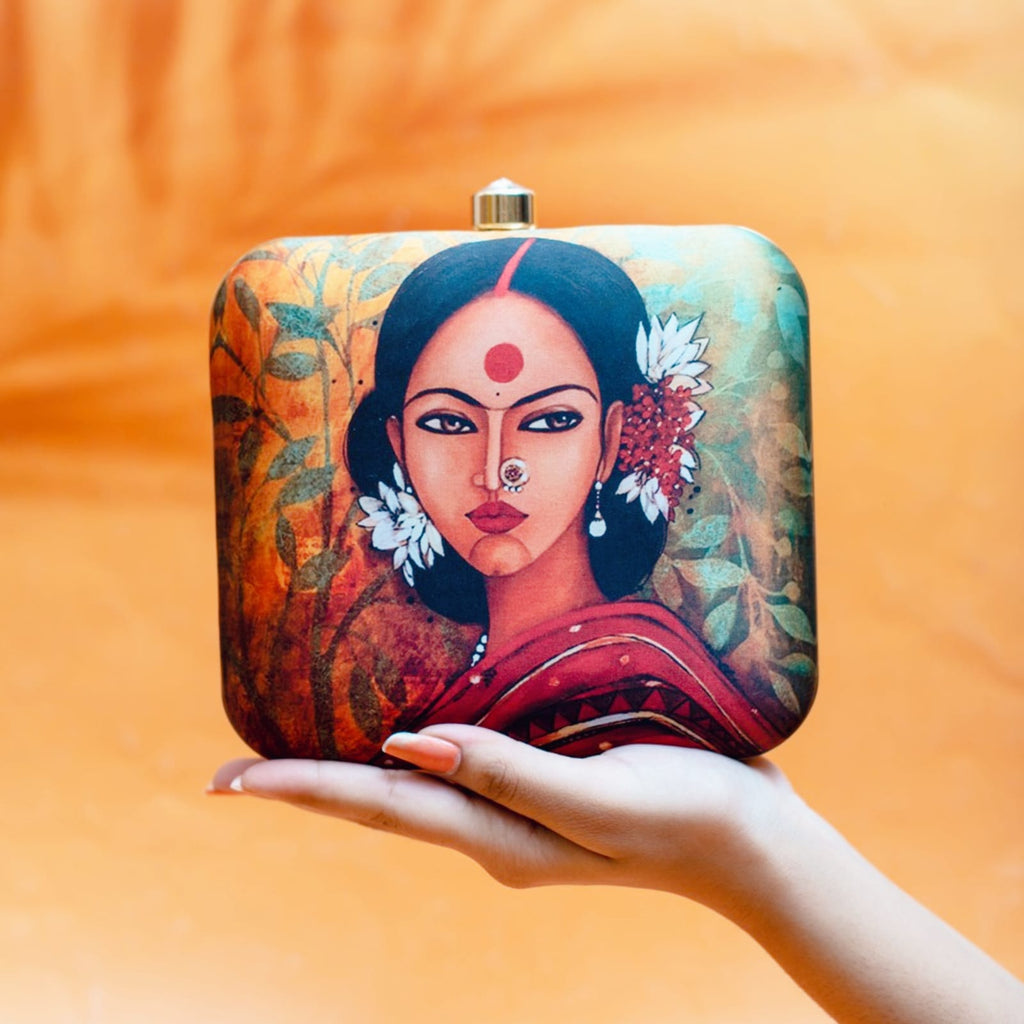 Indian Ethnic Designer Green Leafy Clutch with Portrait of Women Wearing Gajra & Bindi Clutch La Vie Bien Indian Ethnic Designer Green Leafy Clutch with Portrait of Women Wearing Gajra & Bindi