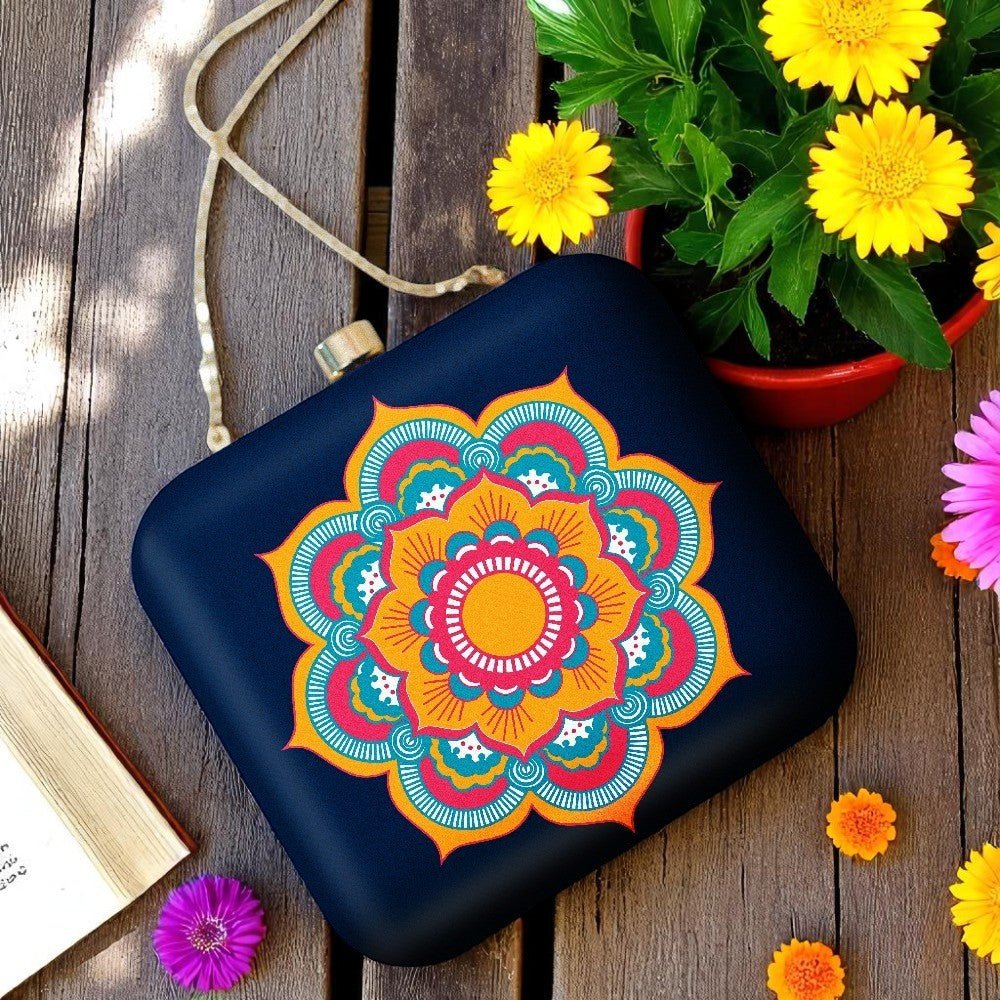 Indian Ethnic Designer Navy Blue Clutch with Orange & Blue Design Clutch La Vie Bien Indian Ethnic Designer Navy Blue Clutch with Orange & Blue Design