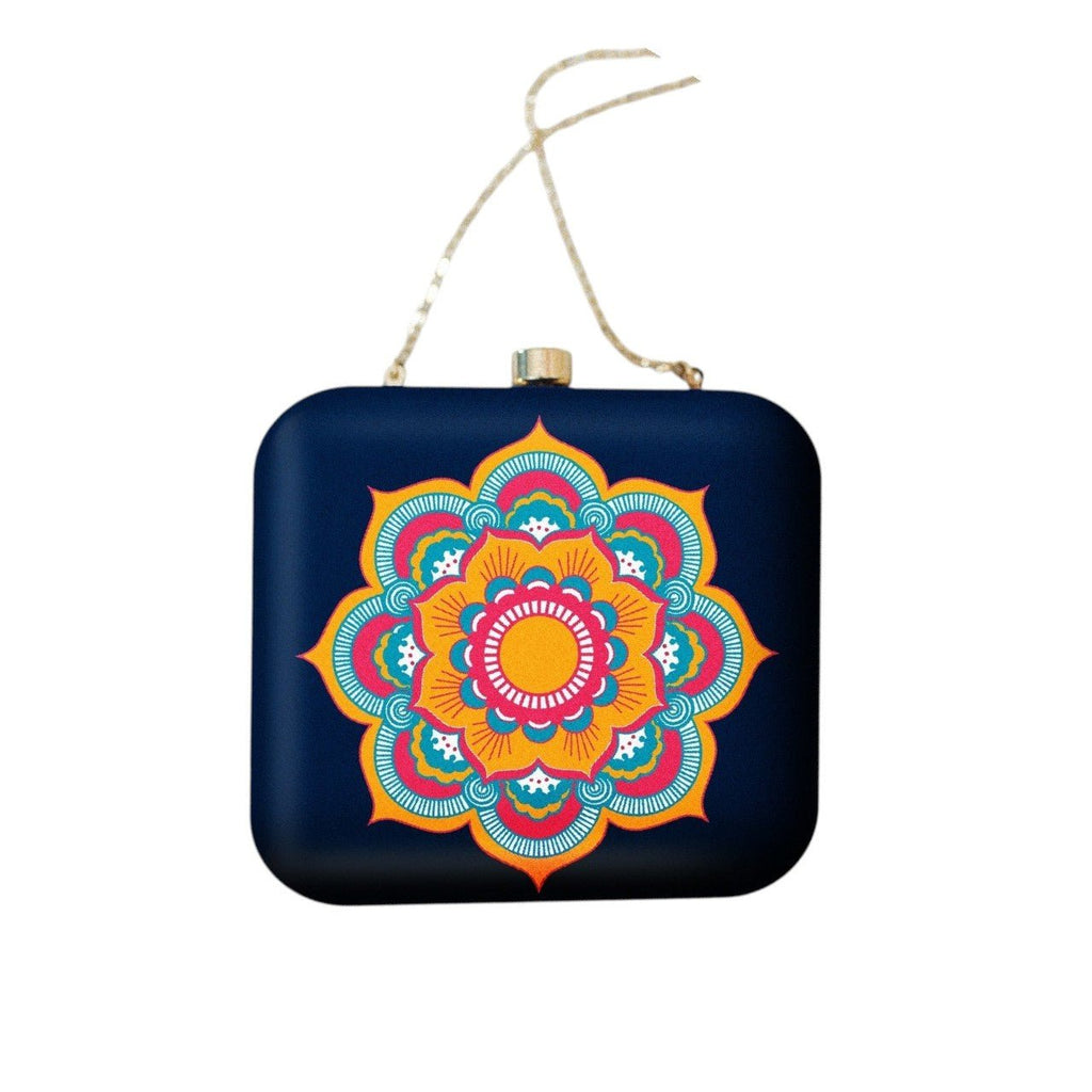Indian Ethnic Designer Navy Blue Clutch with Orange & Blue Design Clutch La Vie Bien Indian Ethnic Designer Navy Blue Clutch with Orange & Blue Design