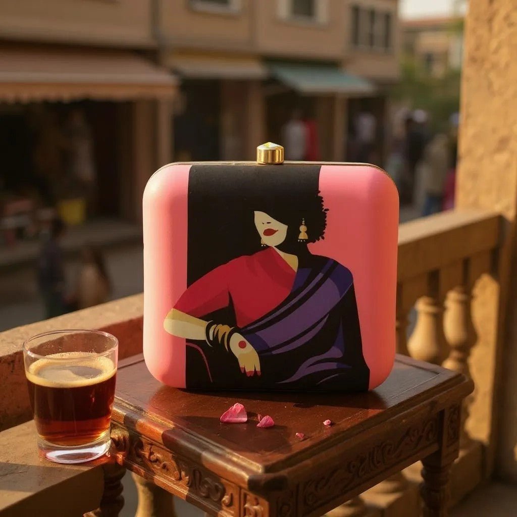Indian Ethnic Designer Pink Clutch with Women Portrait in Purple Saree Clutch La Vie Bien Indian Ethnic Designer Pink Clutch with Women Portrait in Purple Saree