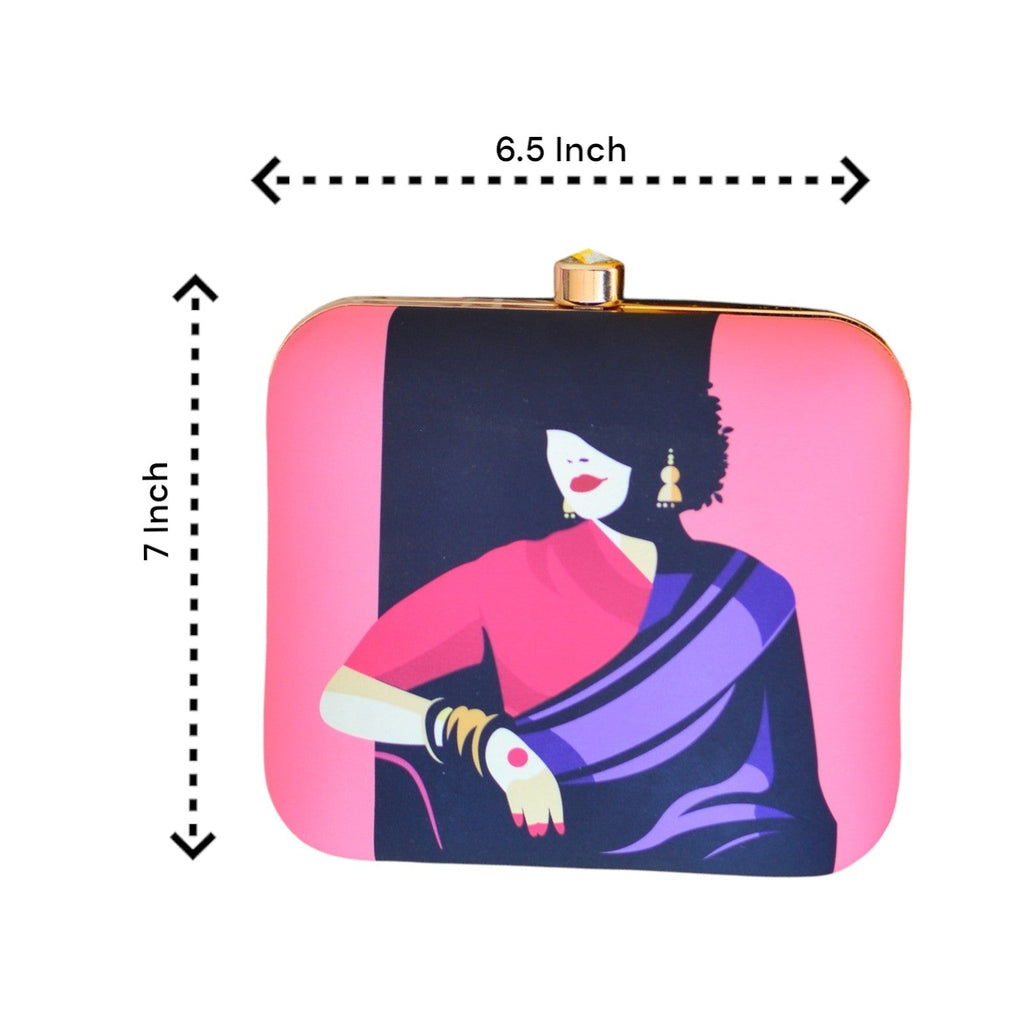 Indian Ethnic Designer Pink Clutch with Women Portrait in Purple Saree Clutch La Vie Bien Indian Ethnic Designer Pink Clutch with Women Portrait in Purple Saree