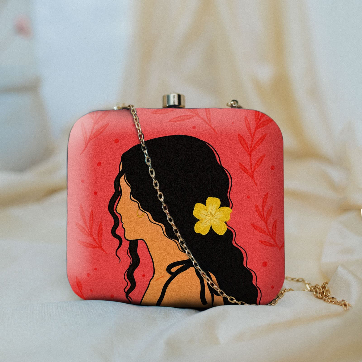 Indian Ethnic Designer Red Clutch with Portrait of Women with Curly Hair Clutch La Vie Bien Indian Ethnic Designer Red Clutch with Portrait of Women with Curly Hair