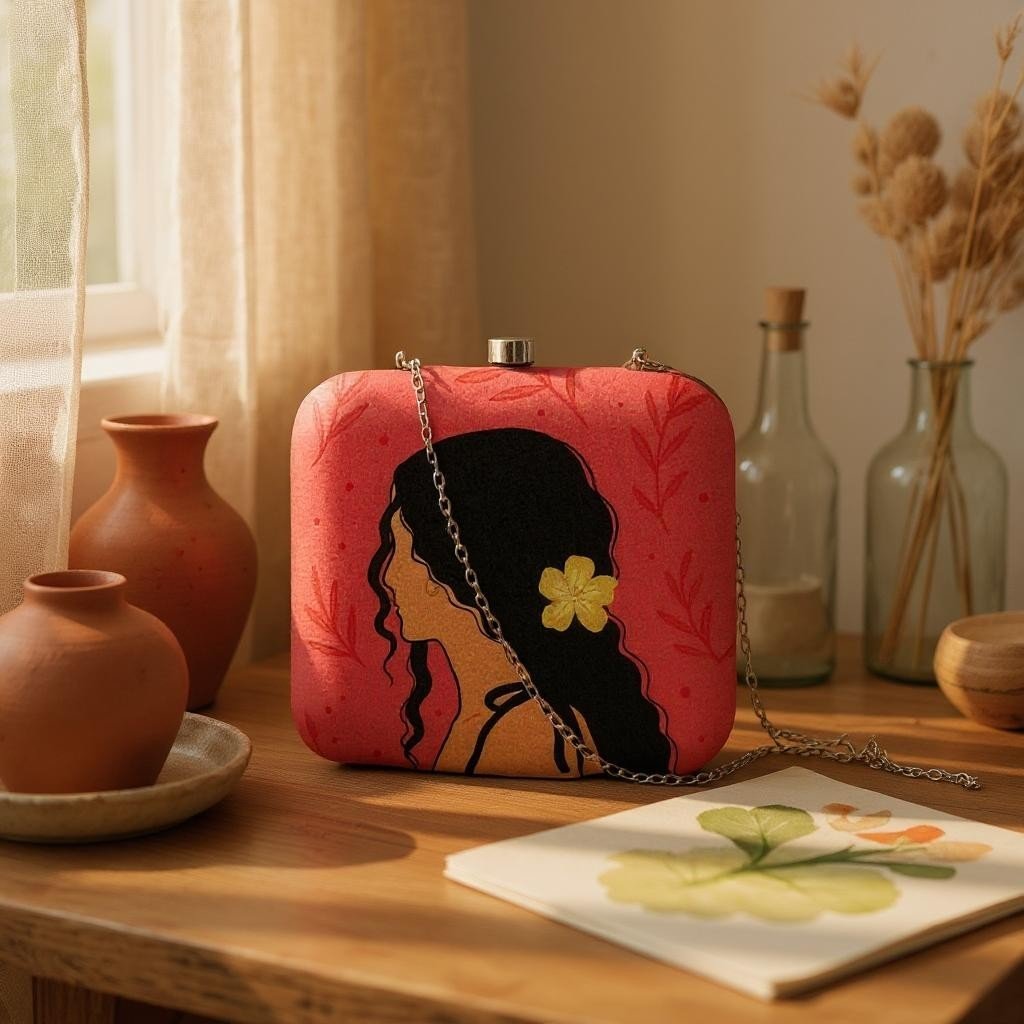 Indian Ethnic Designer Red Clutch with Portrait of Women with Curly Hair Clutch La Vie Bien Indian Ethnic Designer Red Clutch with Portrait of Women with Curly Hair
