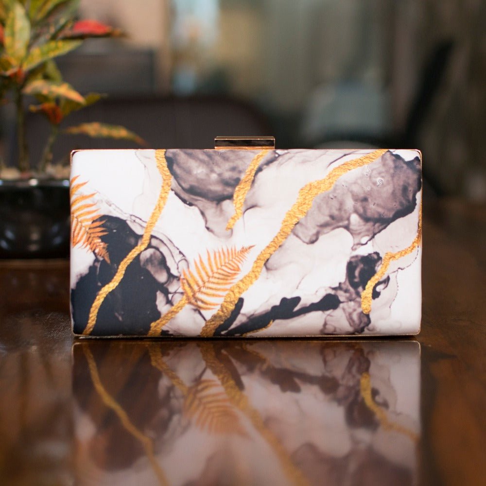 Indian Ethnic Designer White, Gold & Black Marble Print Clutch La Vie Bien Indian Ethnic Designer White, Gold & Black Marble Print