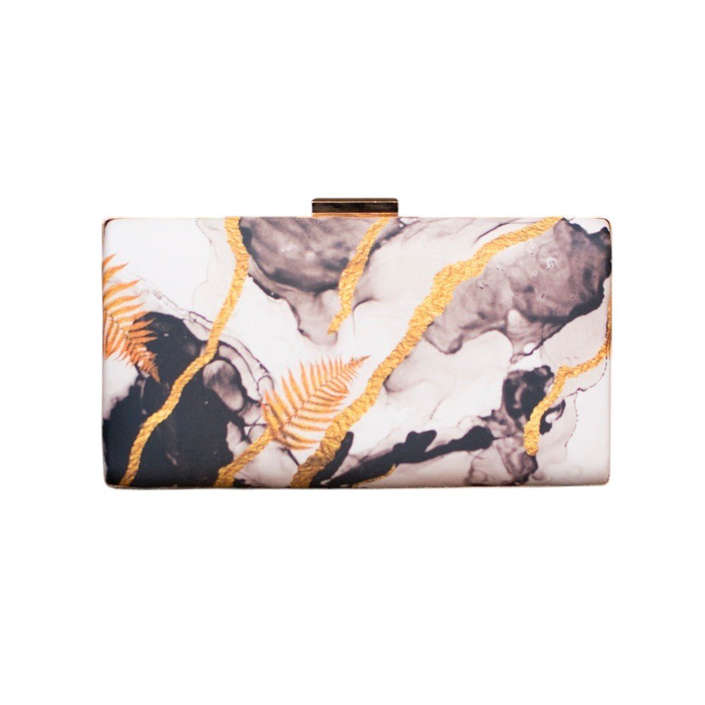 Indian Ethnic Designer White, Gold & Black Marble Print Clutch La Vie Bien Indian Ethnic Designer White, Gold & Black Marble Print