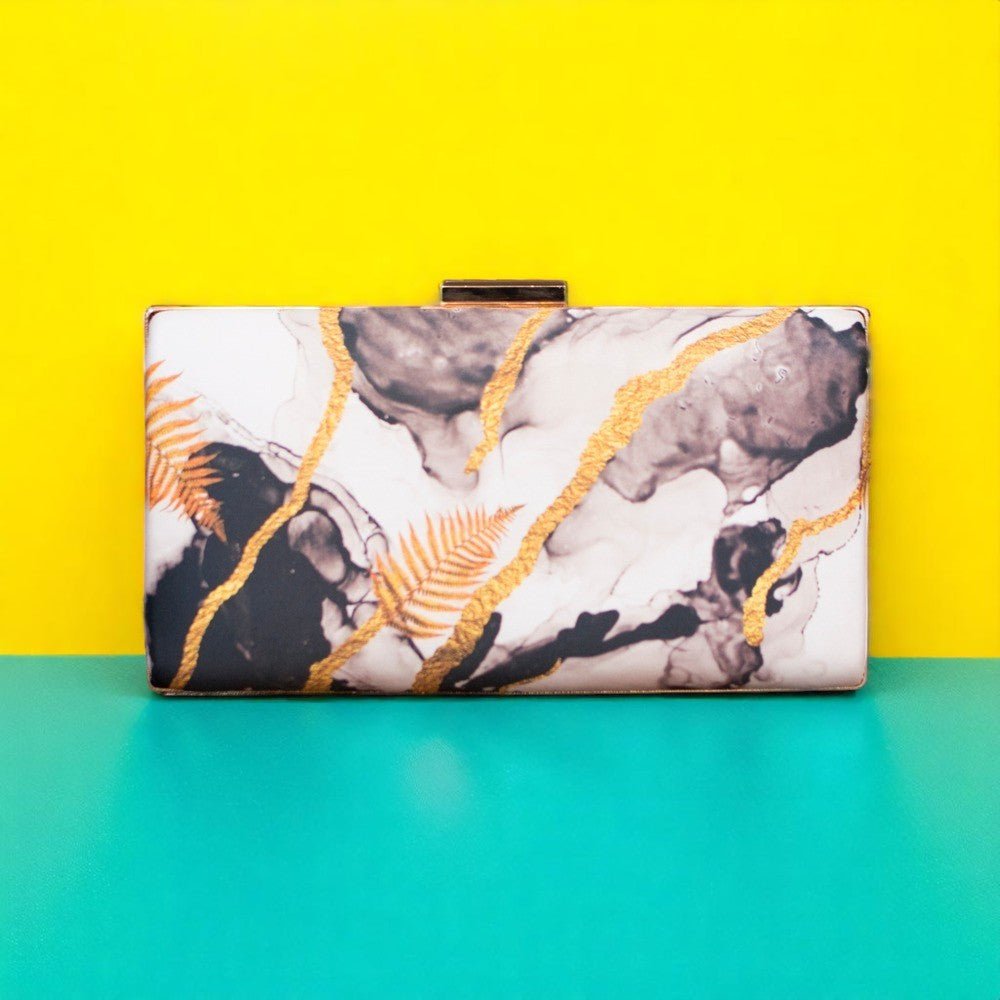 Indian Ethnic Designer White, Gold & Black Marble Print Clutch La Vie Bien Indian Ethnic Designer White, Gold & Black Marble Print