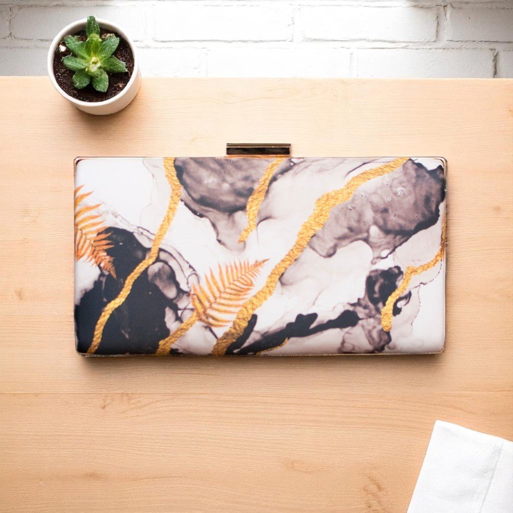 Indian Ethnic Designer White, Gold & Black Marble Print Clutch La Vie Bien Indian Ethnic Designer White, Gold & Black Marble Print