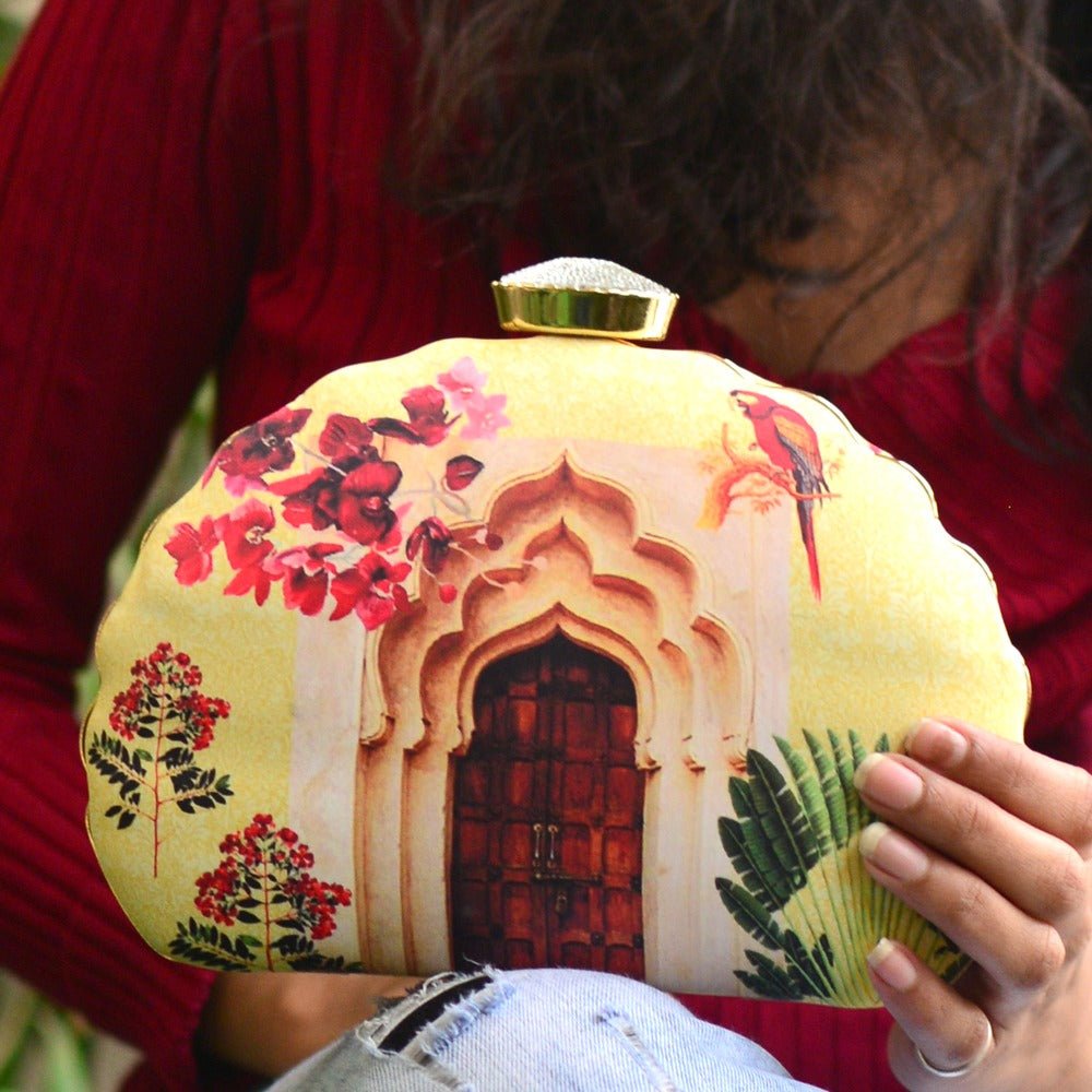 Indian Ethnic Designer Yellow Clutch with Door Print & Unique Shape Clutch La Vie Bien Indian Ethnic Designer Yellow Clutch with Door Print & Unique Shape