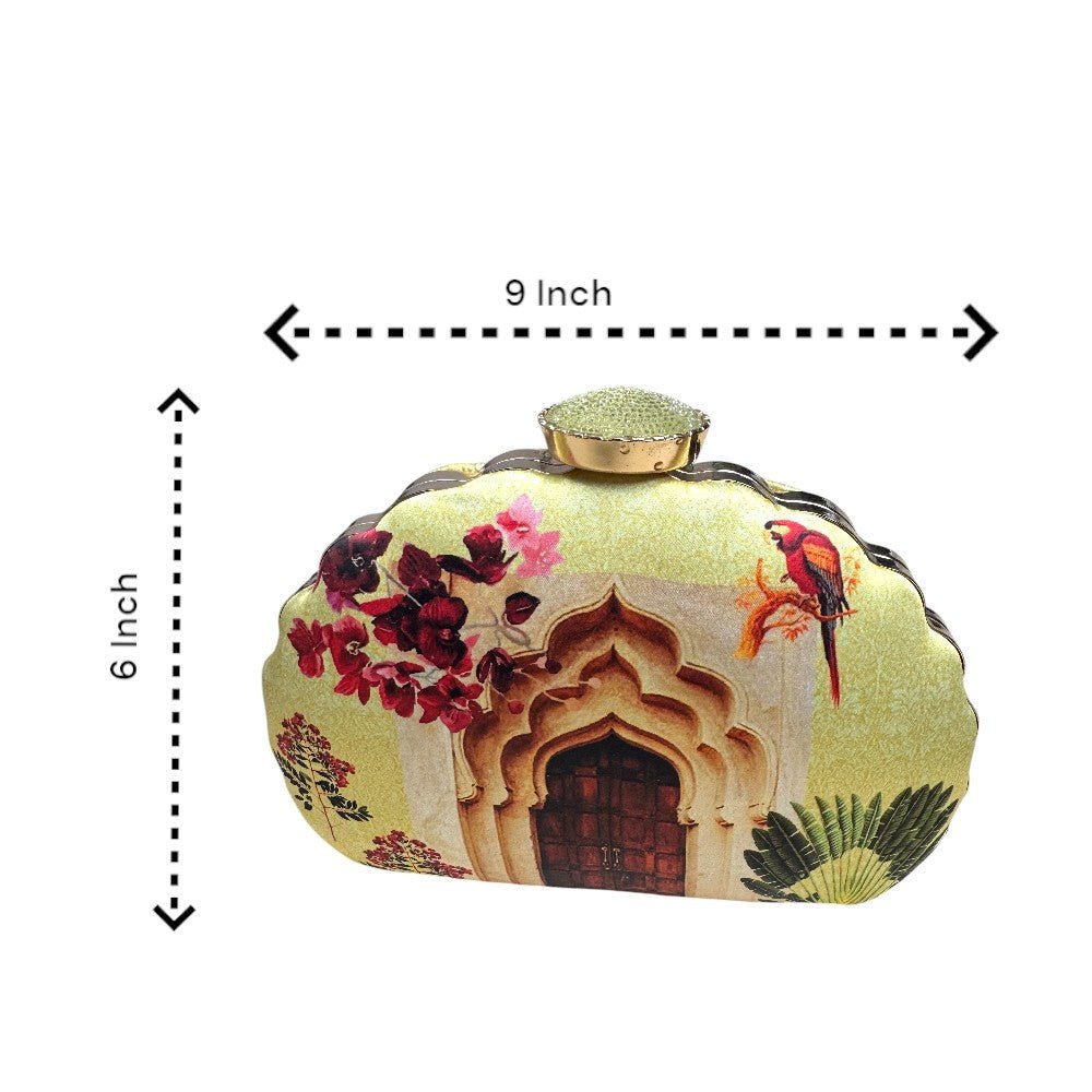 Indian Ethnic Designer Yellow Clutch with Door Print & Unique Shape Clutch La Vie Bien Indian Ethnic Designer Yellow Clutch with Door Print & Unique Shape