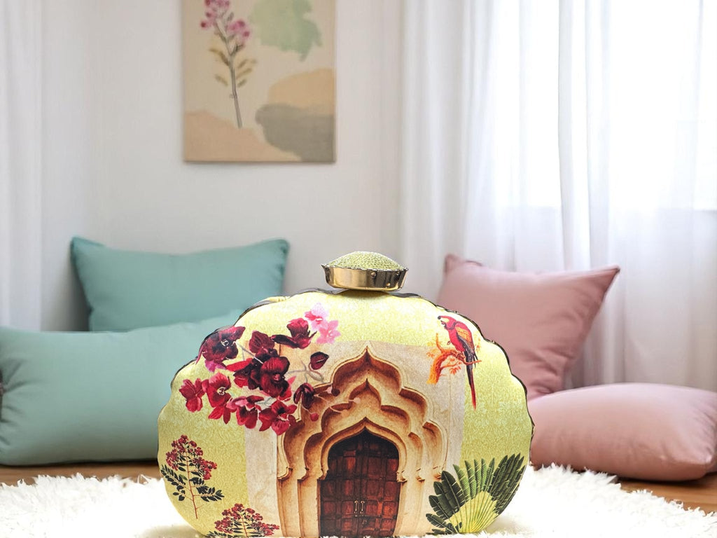 Indian Ethnic Designer Yellow Clutch with Door Print & Unique Shape Clutch La Vie Bien Indian Ethnic Designer Yellow Clutch with Door Print & Unique Shape
