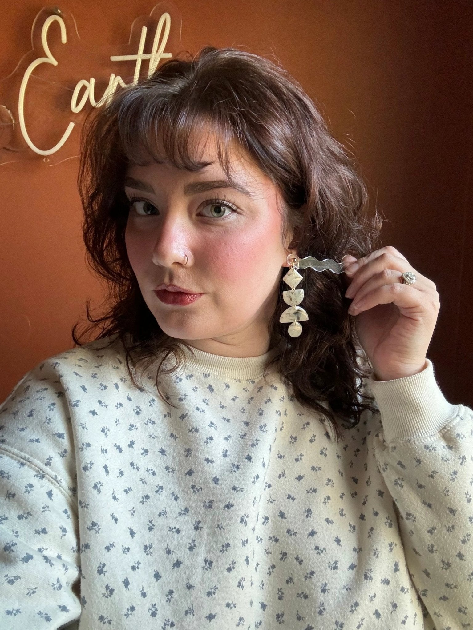 Indie earrings, Neutral Stone, 14k gold plated nickel free, handmade with polymer clay