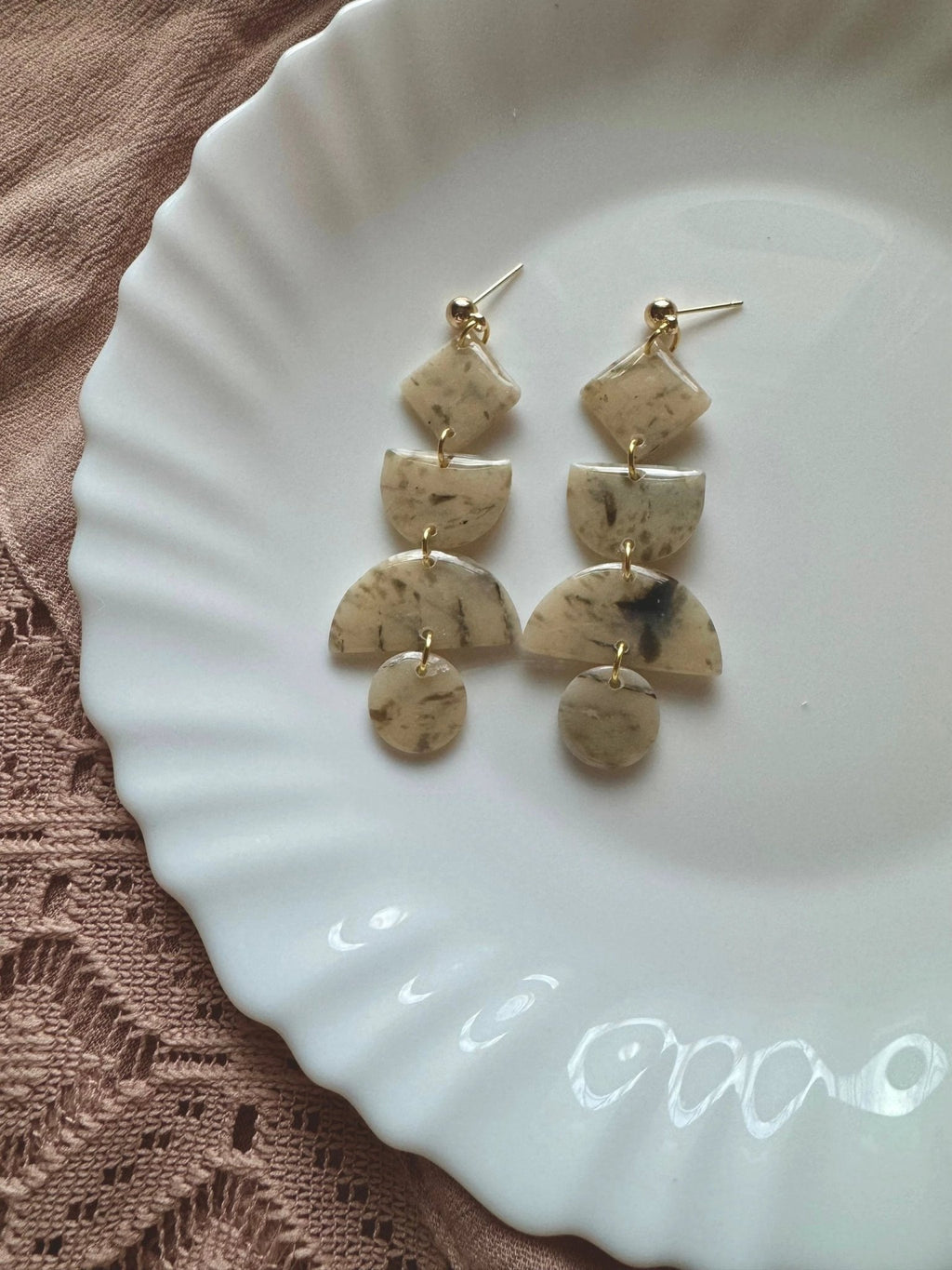 Indie earrings, Neutral Stone, 14k gold plated nickel free, handmade with polymer clay