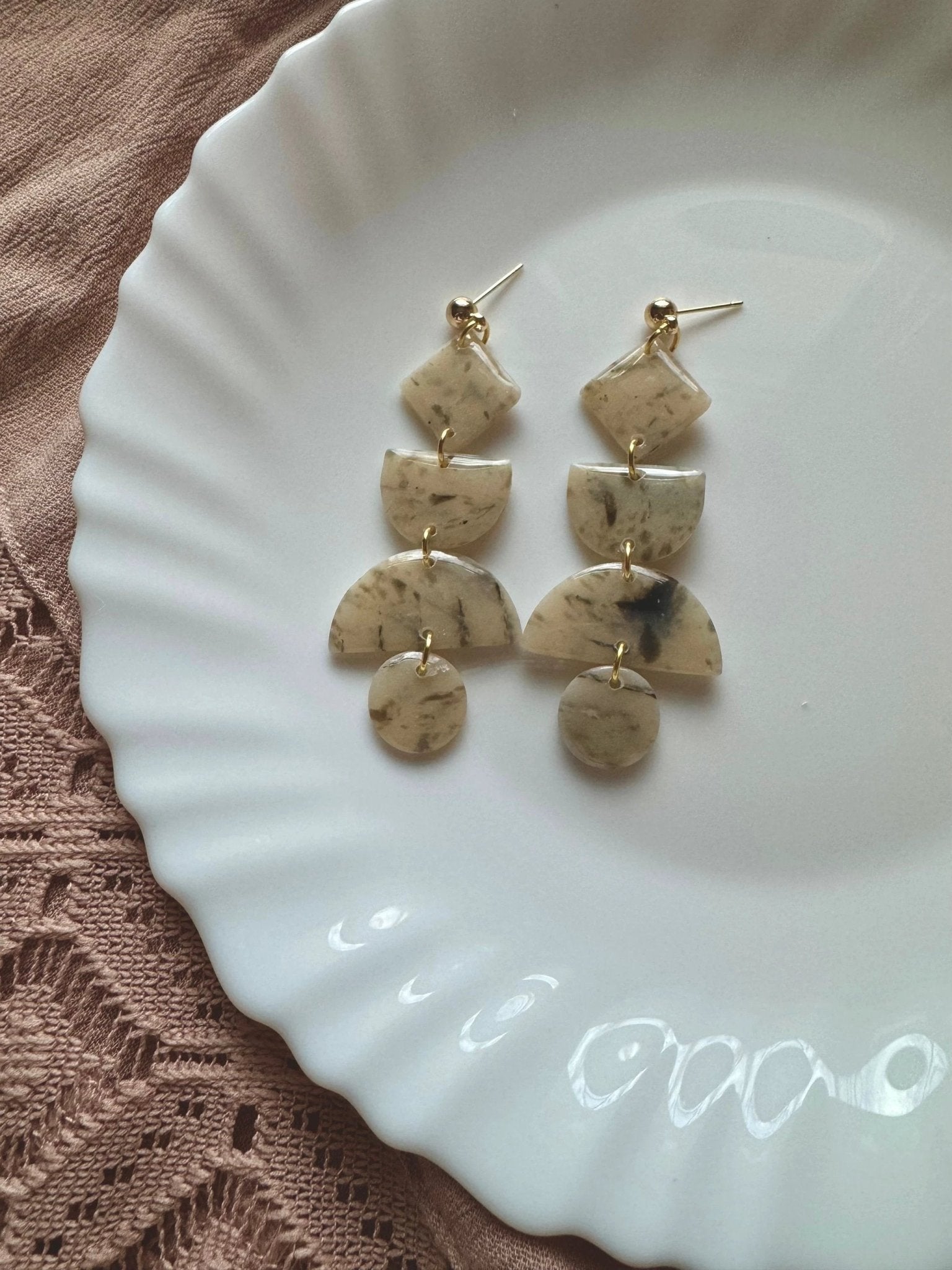 Indie earrings, Neutral Stone, 14k gold plated nickel free, handmade with polymer clay