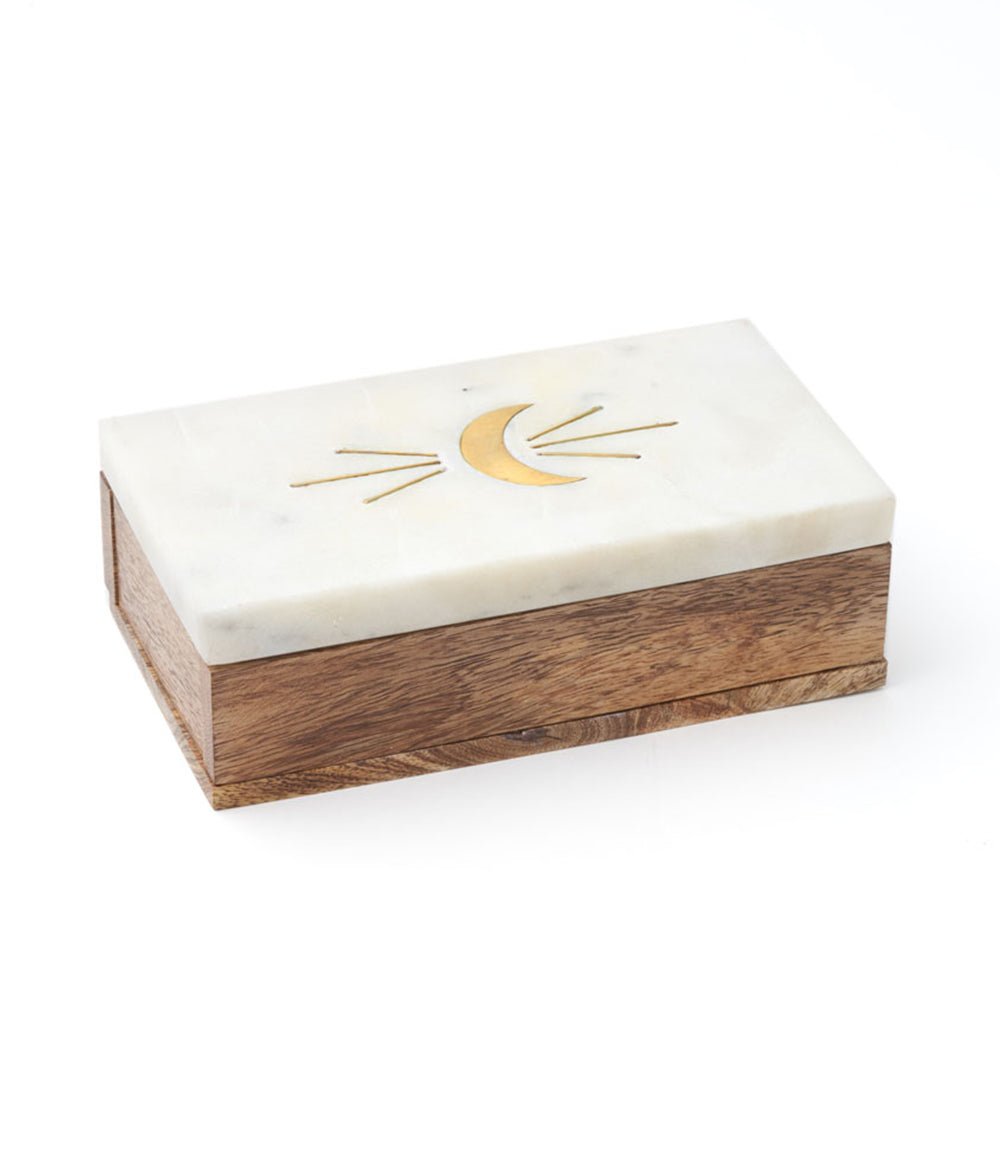 Indukala Crescent Moon Treasure Box - Wood, Marble, Brass HME stock line La Vie Bien Indukala Crescent Moon Treasure Box - Wood, Marble, Brass