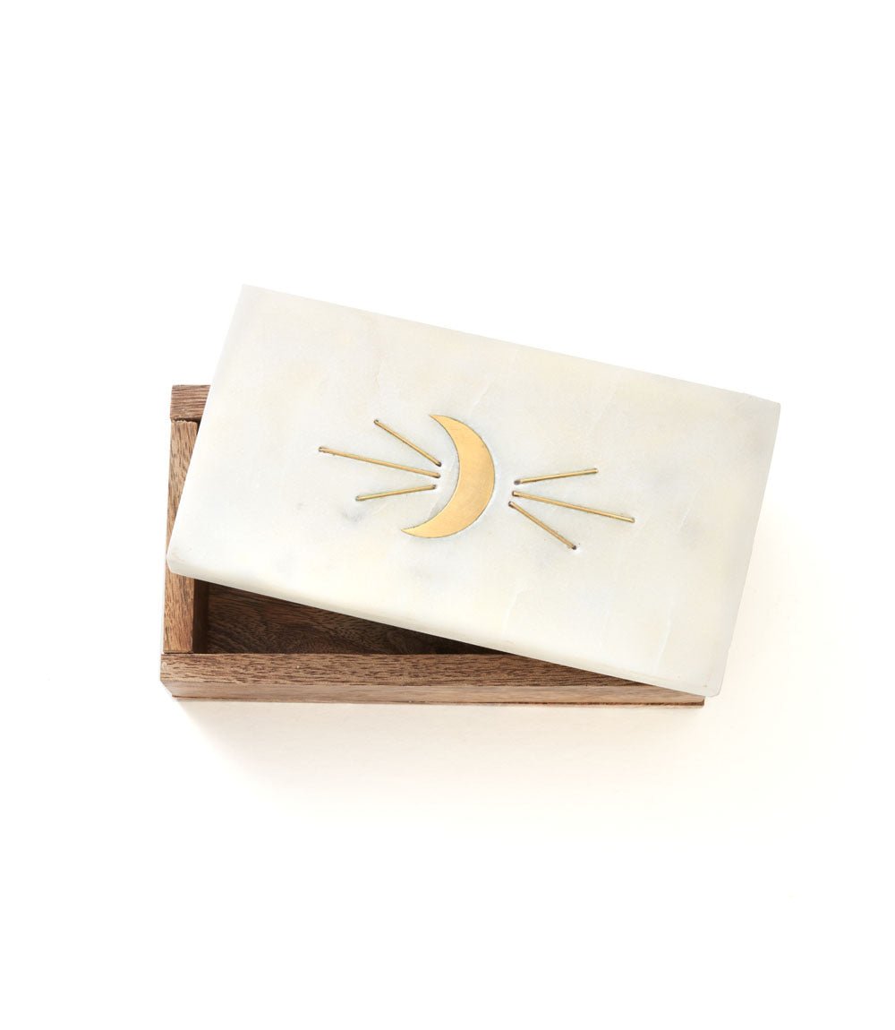 Indukala Crescent Moon Treasure Box - Wood, Marble, Brass HME stock line La Vie Bien Indukala Crescent Moon Treasure Box - Wood, Marble, Brass