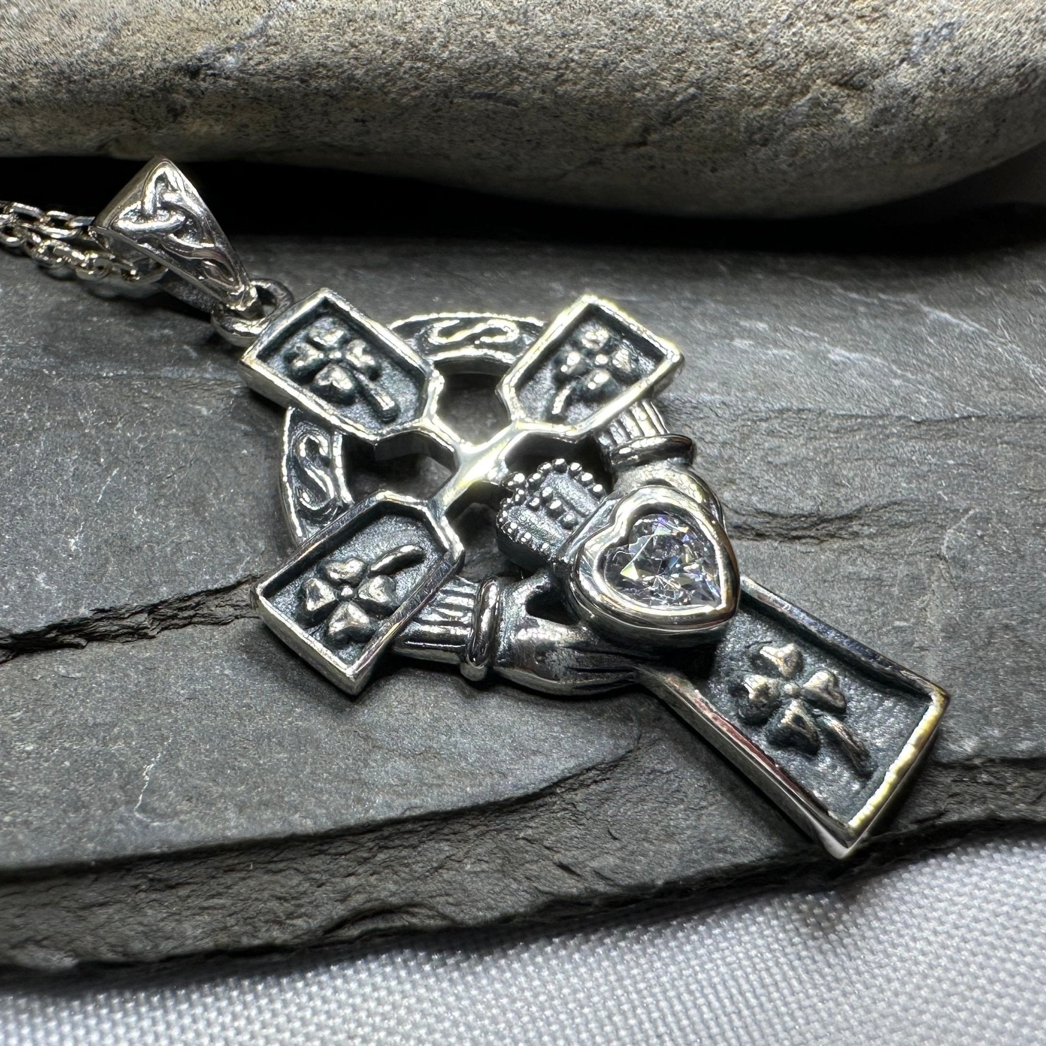 Irish Love Shamrock Claddagh Cross Necklace Pendant La Vie Bien Irish Love Shamrock Claddagh Cross Necklace
