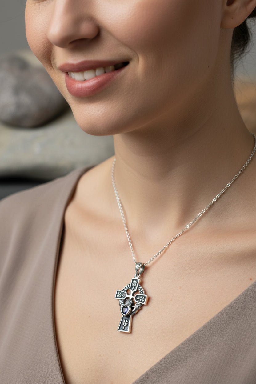 Irish Love Shamrock Claddagh Cross Necklace Pendant La Vie Bien Irish Love Shamrock Claddagh Cross Necklace