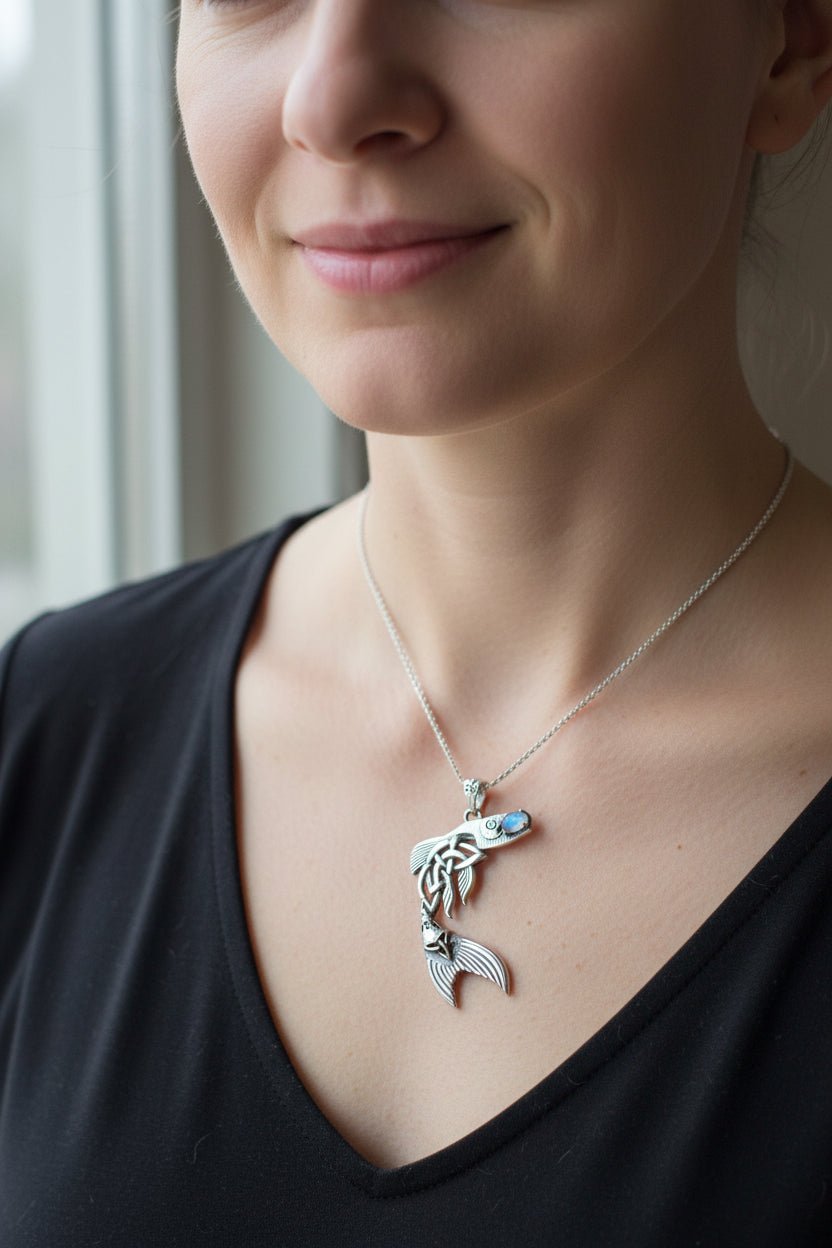 Irish Salmon of Knowledge Moonstone Necklace in Sterling Silver Pendant La Vie Bien Irish Salmon of Knowledge Moonstone Necklace in Sterling Silver