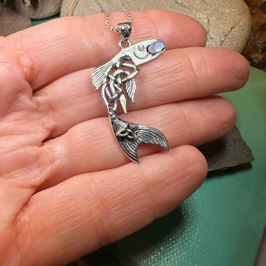 Irish Salmon of Knowledge Moonstone Necklace in Sterling Silver Pendant La Vie Bien Irish Salmon of Knowledge Moonstone Necklace in Sterling Silver