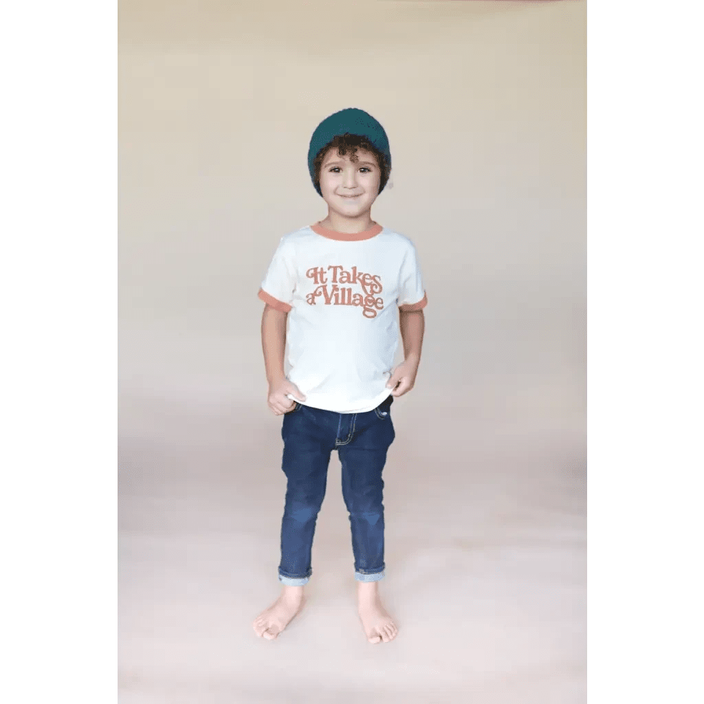 It Takes a Village Ringer Tee for Kids in Organic Cotton by Polished Prints