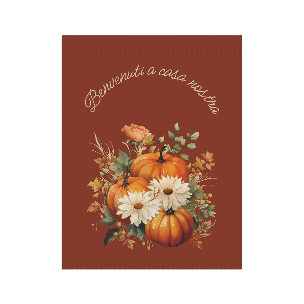 Italian Autumn Pumpkin Bouquet Garden Flag - "Benvenuti a casa nostra" Fall Welcome Banner Home Decor La Vie Bien Italian Autumn Pumpkin Bouquet Garden Flag - "Benvenuti a casa nostra" Fall Welcome Banner