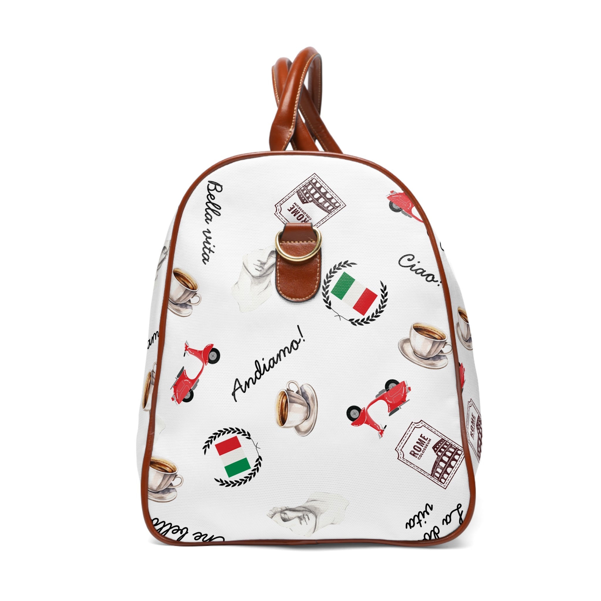 Italian Print Waterproof Travel duffel Bag, Duffle with Espresso, scooter & Flag Pattern Bags La Vie Bien Italian Print Waterproof Travel duffel Bag, Duffle with Espresso, scooter & Flag Pattern