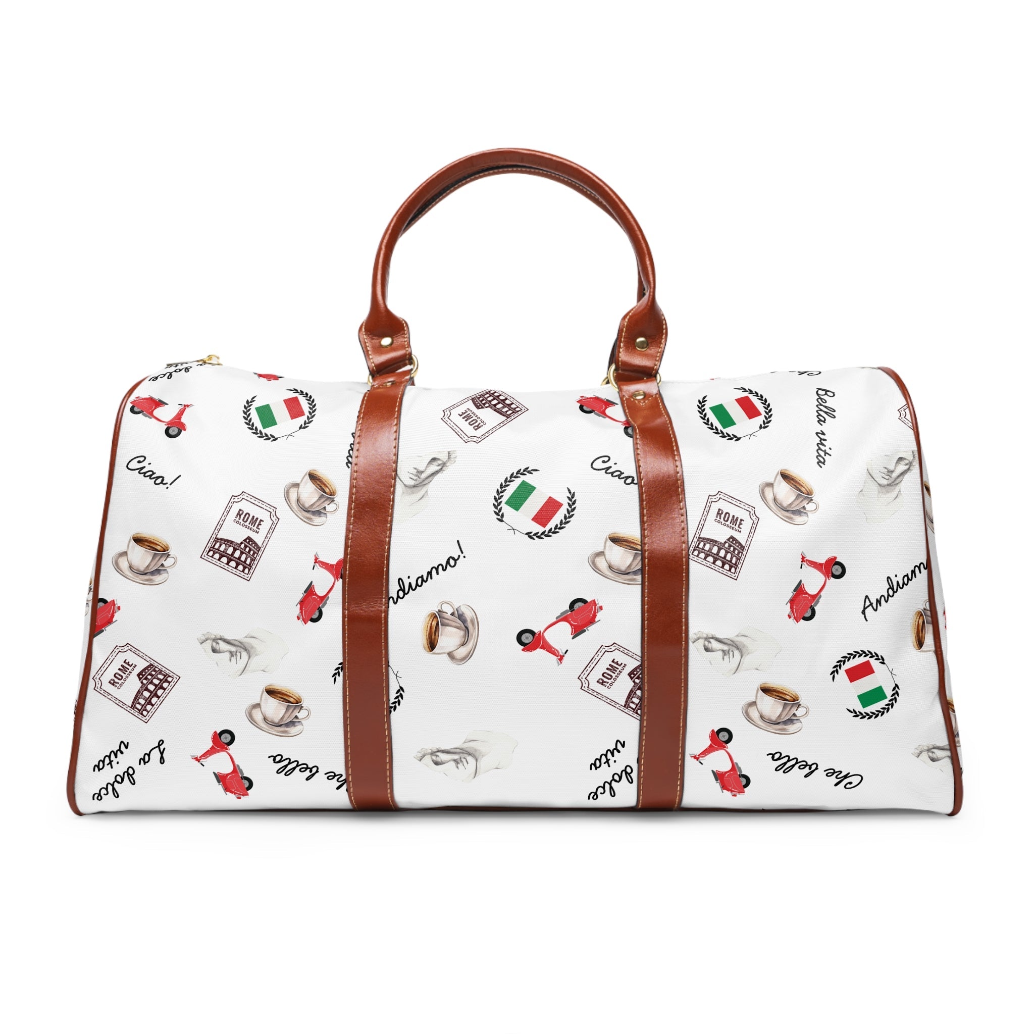 Italian Print Waterproof Travel duffel Bag, Duffle with Espresso, scooter & Flag Pattern Bags La Vie Bien Italian Print Waterproof Travel duffel Bag, Duffle with Espresso, scooter & Flag Pattern