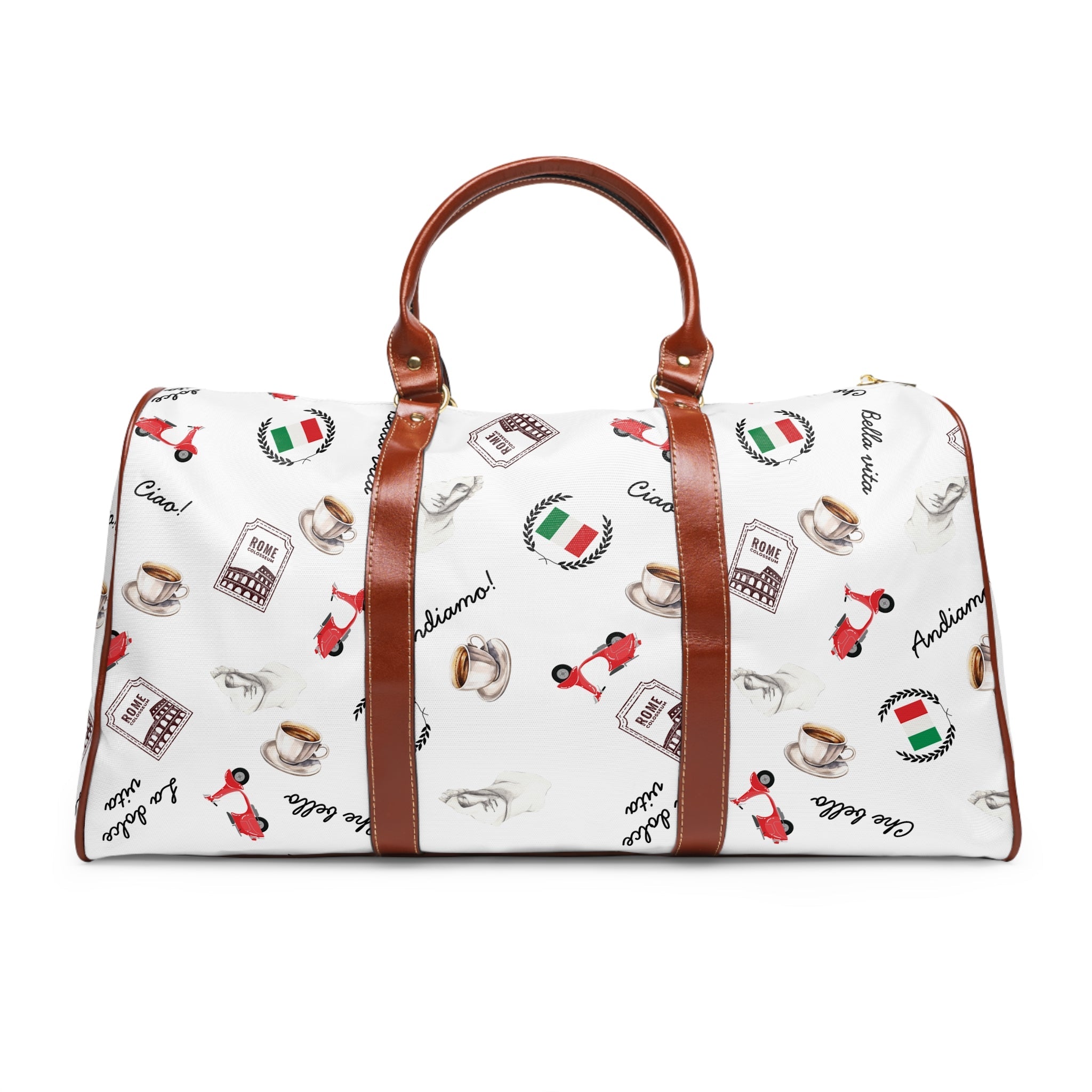 Italian Print Waterproof Travel duffel Bag, Duffle with Espresso, scooter & Flag Pattern Bags La Vie Bien Italian Print Waterproof Travel duffel Bag, Duffle with Espresso, scooter & Flag Pattern