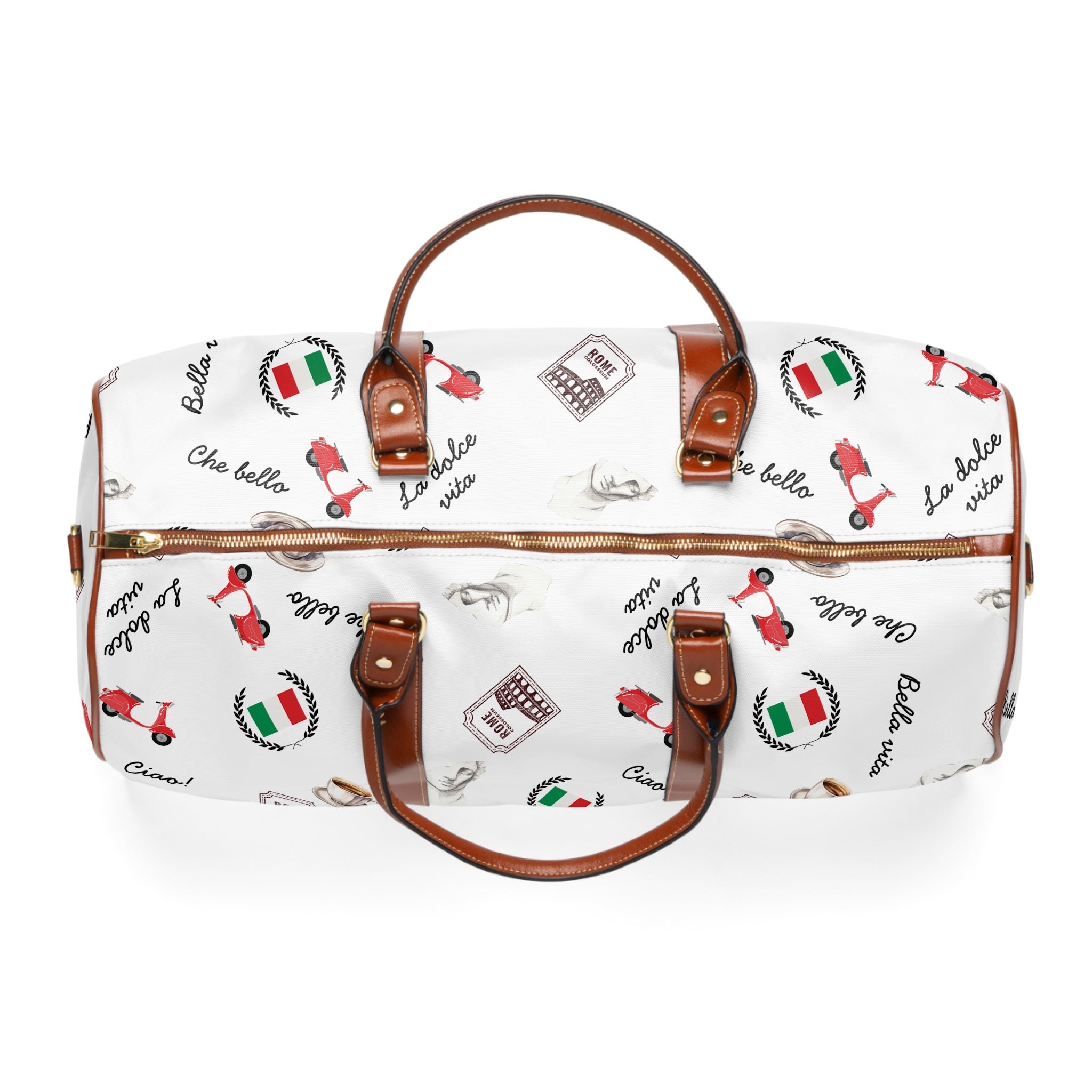Italian Print Waterproof Travel duffel Bag, Duffle with Espresso, scooter & Flag Pattern Bags La Vie Bien Italian Print Waterproof Travel duffel Bag, Duffle with Espresso, scooter & Flag Pattern