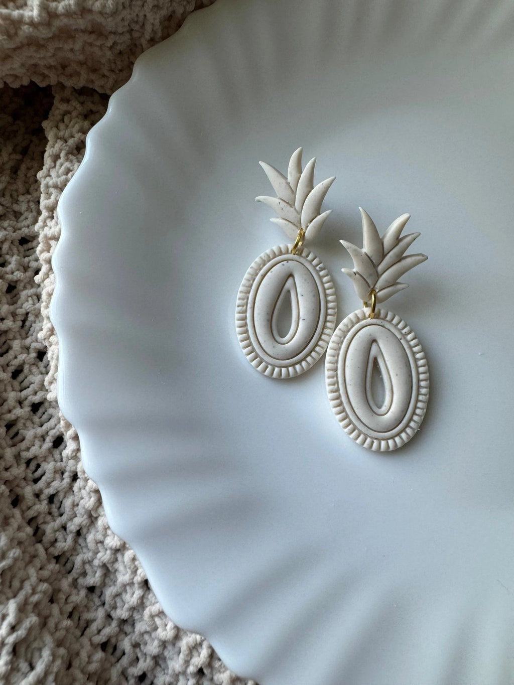 Ivory Pineapples earrings, surgical grade steel, handmade with polymer clay, Nickel free