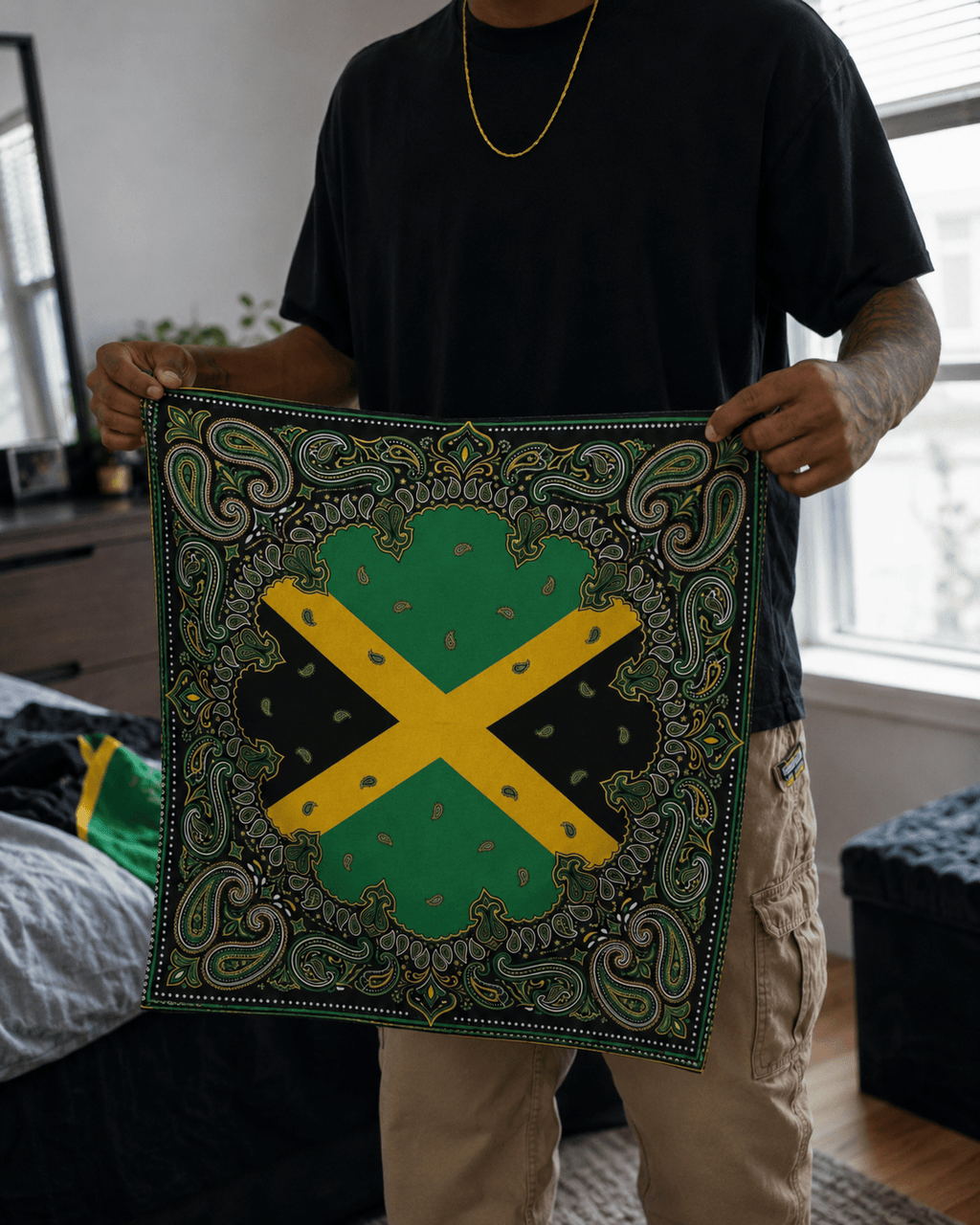 Jamaica Flag Paisley Print Bandana All-Over Print Bandana La Vie Bien Jamaica Flag Paisley Print Bandana