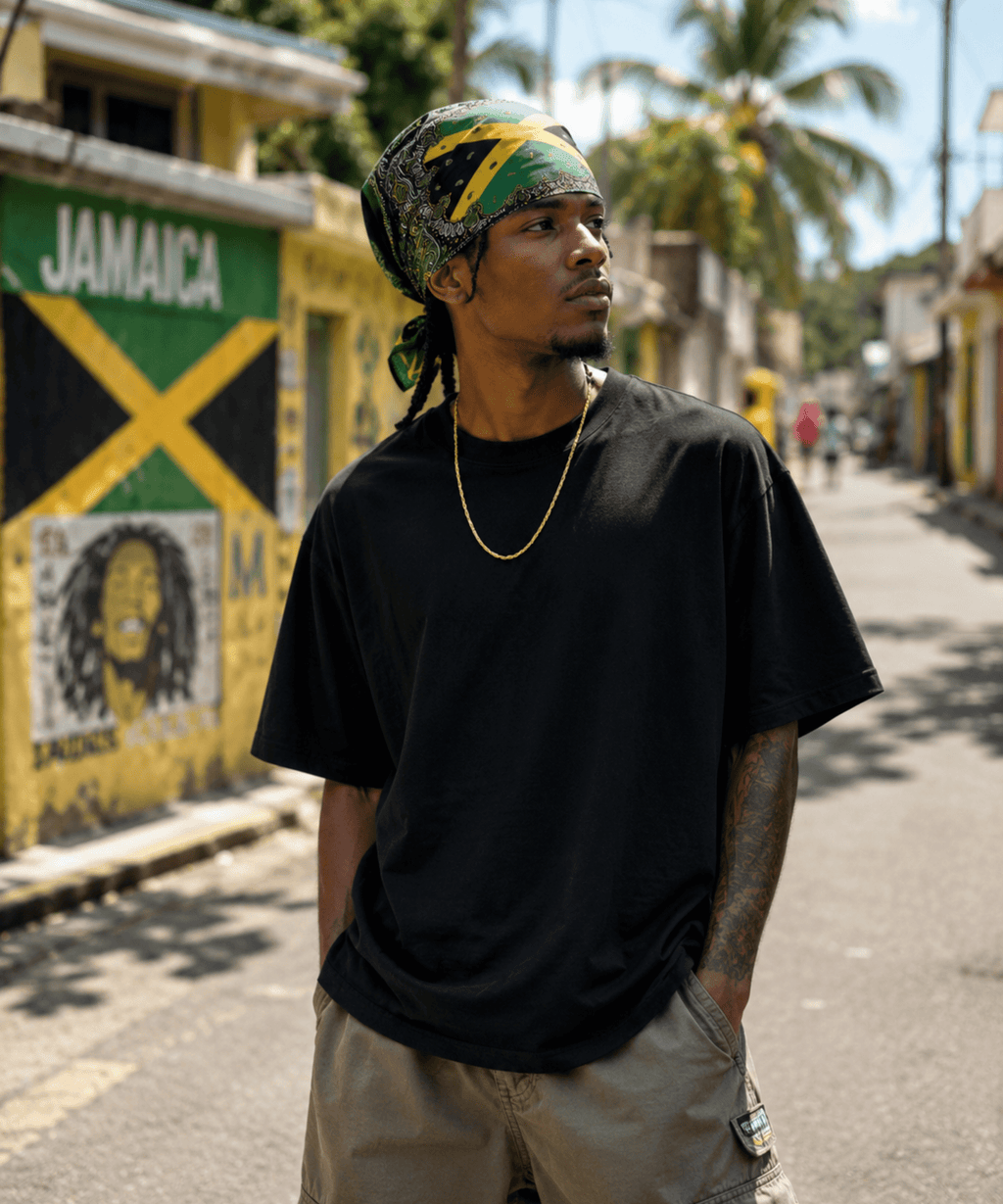 Jamaica Flag Paisley Print Bandana All-Over Print Bandana La Vie Bien Jamaica Flag Paisley Print Bandana