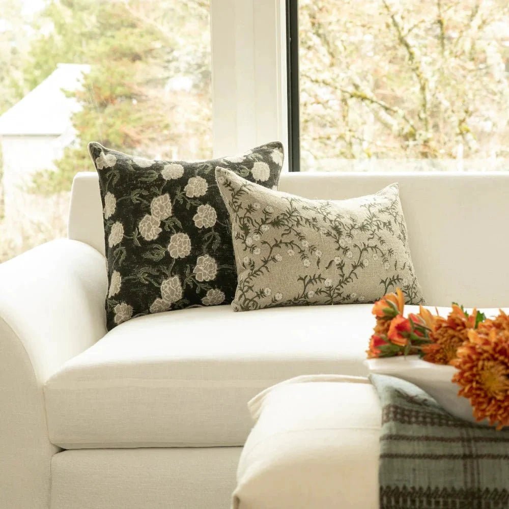 Jameera Linen Floral Throw Pillow Cover, Olive on Natural by White Cliff Studio