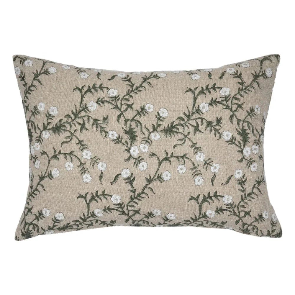 Jameera Linen Floral Throw Pillow Cover, Olive on Natural by White Cliff Studio