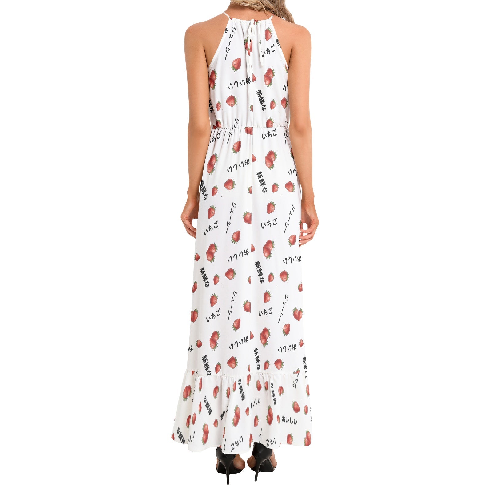 Japanese strawberries いちご Ruffle Hem Halter Neck Maxi Dress, summer date night vacation outfit Dress La Vie Bien Japanese strawberries いちご Ruffle Hem Halter Neck Maxi Dress, summer date night vacation outfit