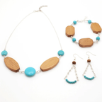 Jazmin turquoise and wood with handmade silver chain fishhook earrings by Alegria Accessories Inc