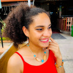 Jazmin turquoise and wood with handmade silver chain fishhook earrings by Alegria Accessories Inc