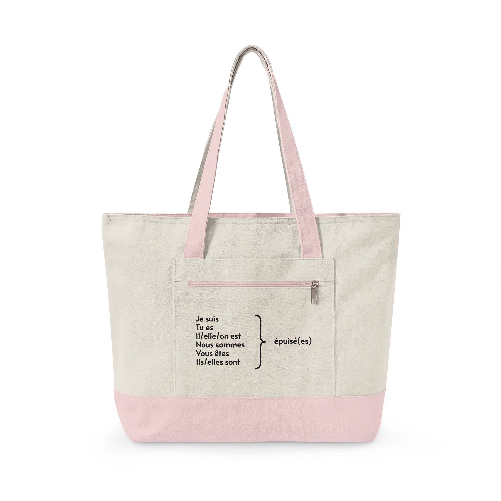 Je suis épuisée Zippered Canvas Tote, French Phrase Cotton Zip Bag