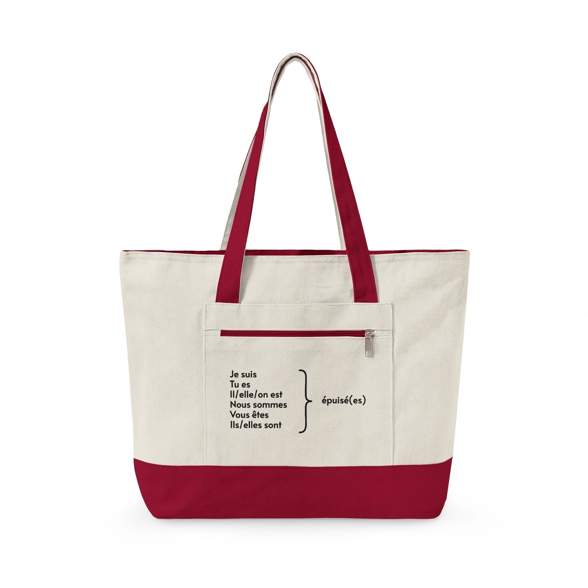 Je suis épuisée Zippered Canvas Tote, French Phrase Cotton Zip Bag