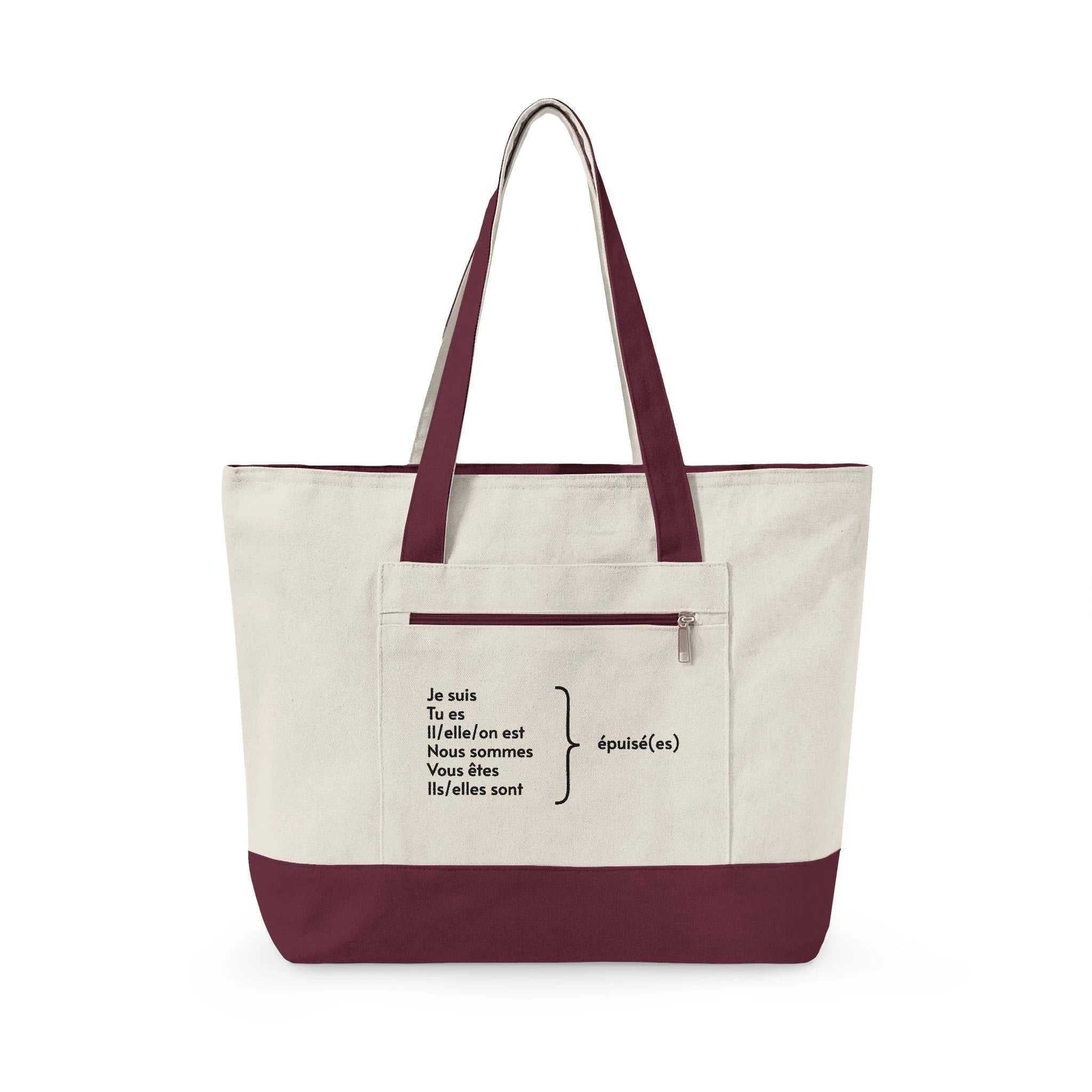 Je suis épuisée Zippered Canvas Tote, French Phrase Cotton Zip Bag