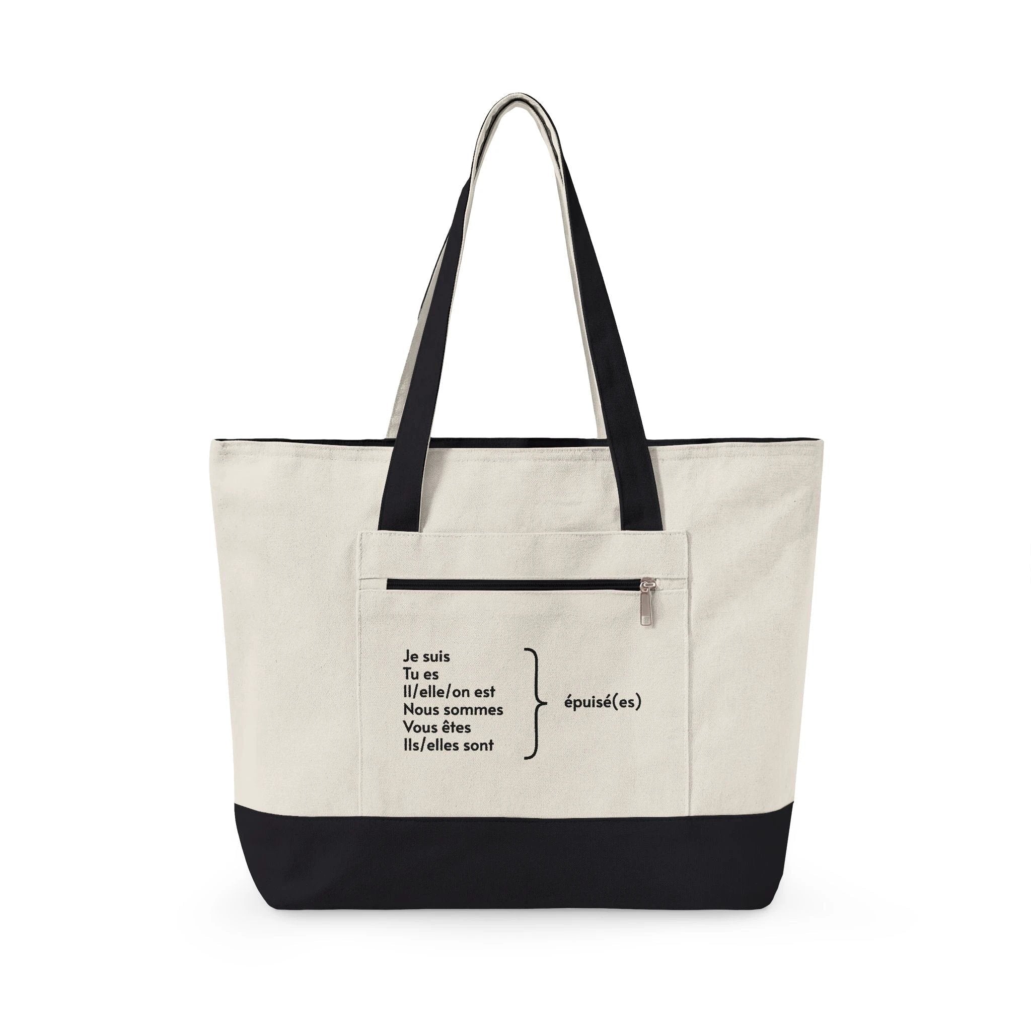 Je suis épuisée Zippered Canvas Tote, French Phrase Cotton Zip Bag